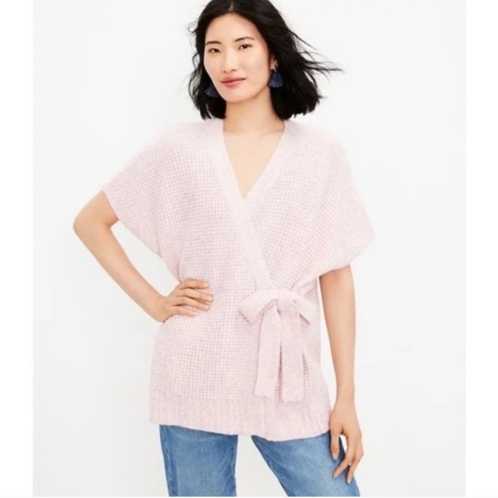 Ann Taylor Loft Spacedye Belted Wrap Pink Knit Short Sleeve Sweater